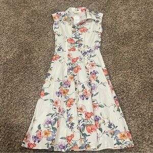 Floral Collared White Maxi Dress with Cap Sleeves